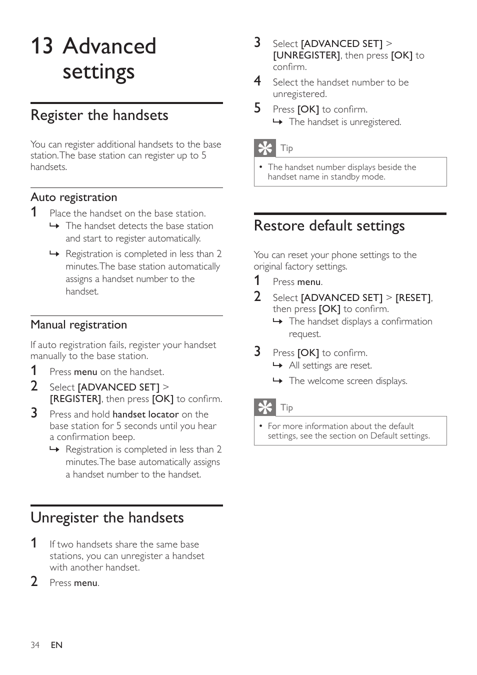 13 advanced settings, Register the handsets, Unregister the handsets | Restore default settings | Philips CD360 User Manual | Page 34 / 44