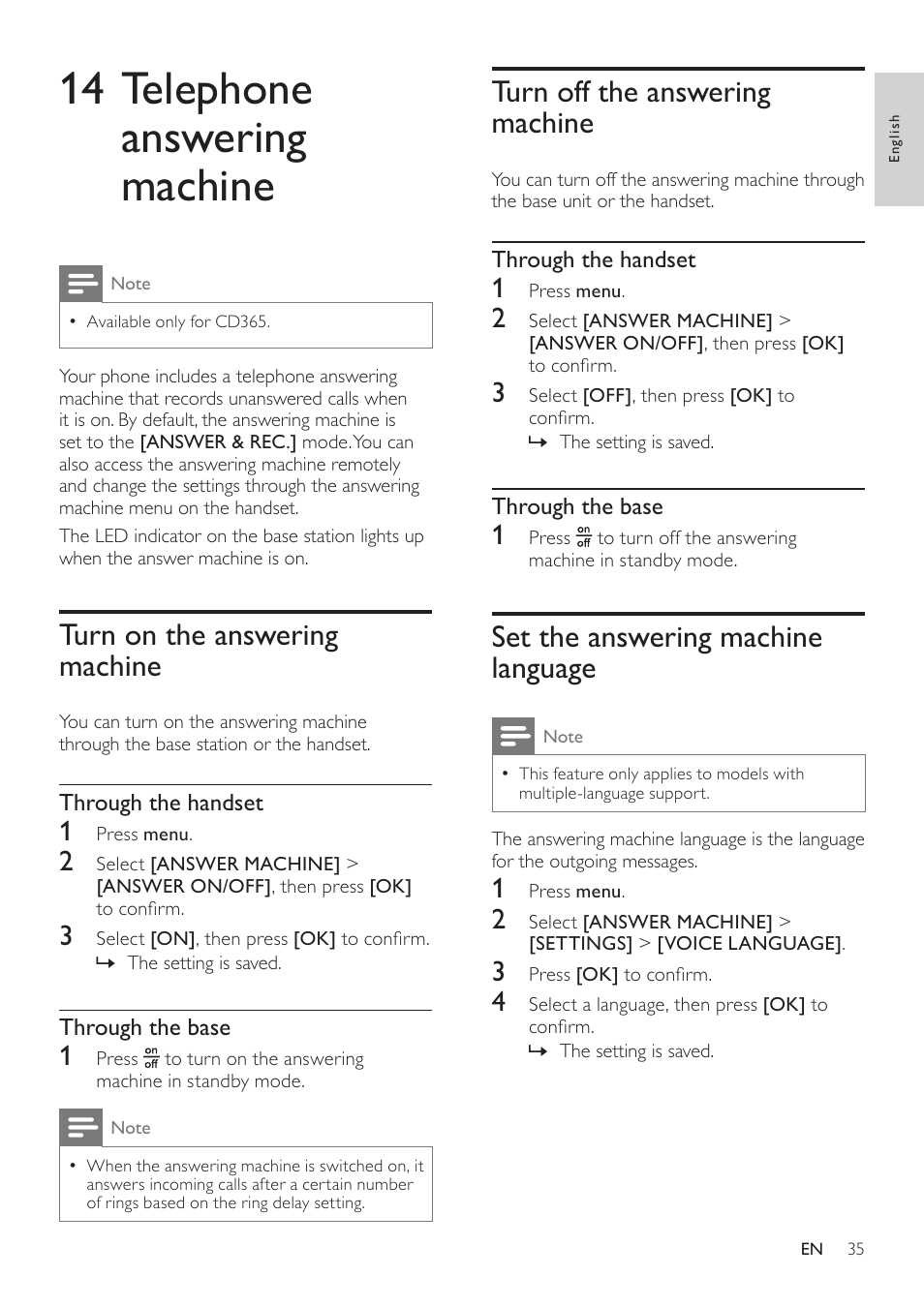 14 telephone answering machine, Turn on the answering machine, Turn off the answering machine | Set the answering machine language, Set the answering machine language 35 | Philips CD360 User Manual | Page 35 / 44