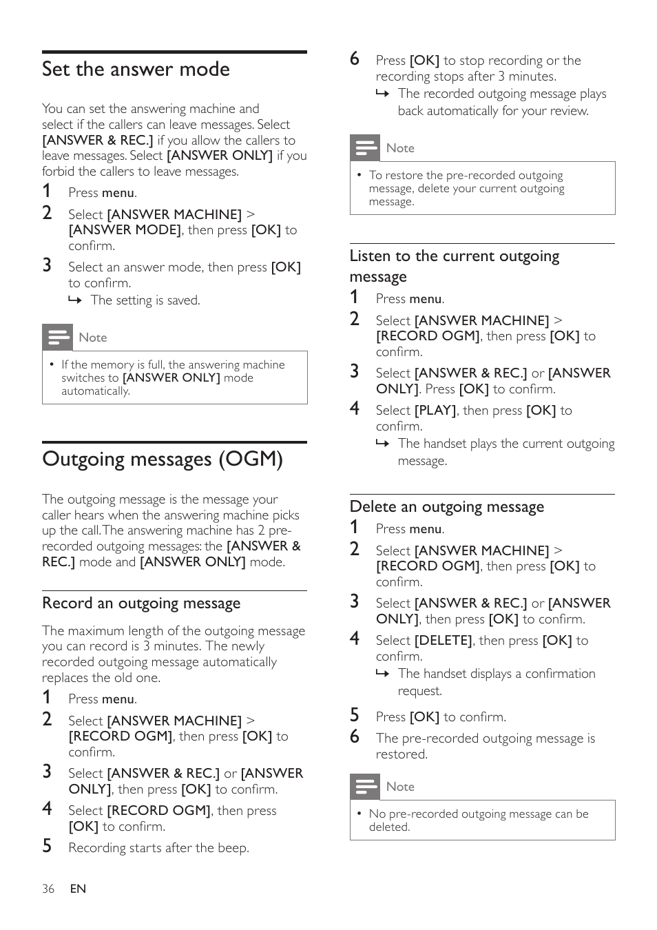 Set the answer mode, Outgoing messages (ogm) | Philips CD360 User Manual | Page 36 / 44