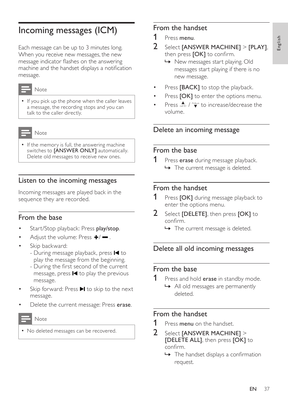 Incoming messages (icm) | Philips CD360 User Manual | Page 37 / 44