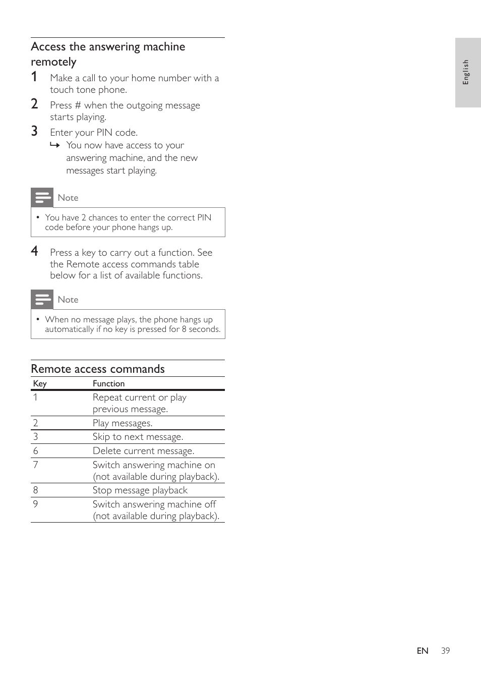 Access the answering machine remotely, Remote access commands | Philips CD360 User Manual | Page 39 / 44