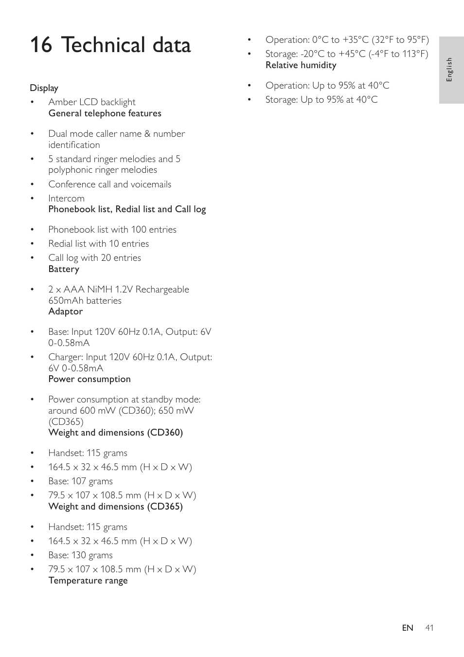 16 technical data | Philips CD360 User Manual | Page 41 / 44