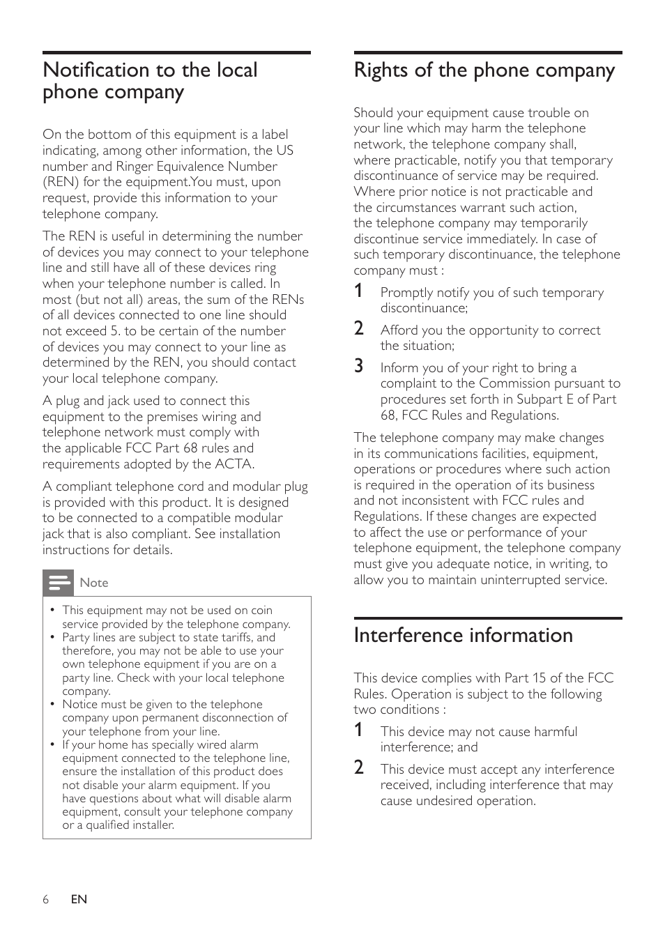 Notification to the local phone company, Rights of the phone company, Interference information | Notification to the local phone, Company | Philips CD360 User Manual | Page 6 / 44