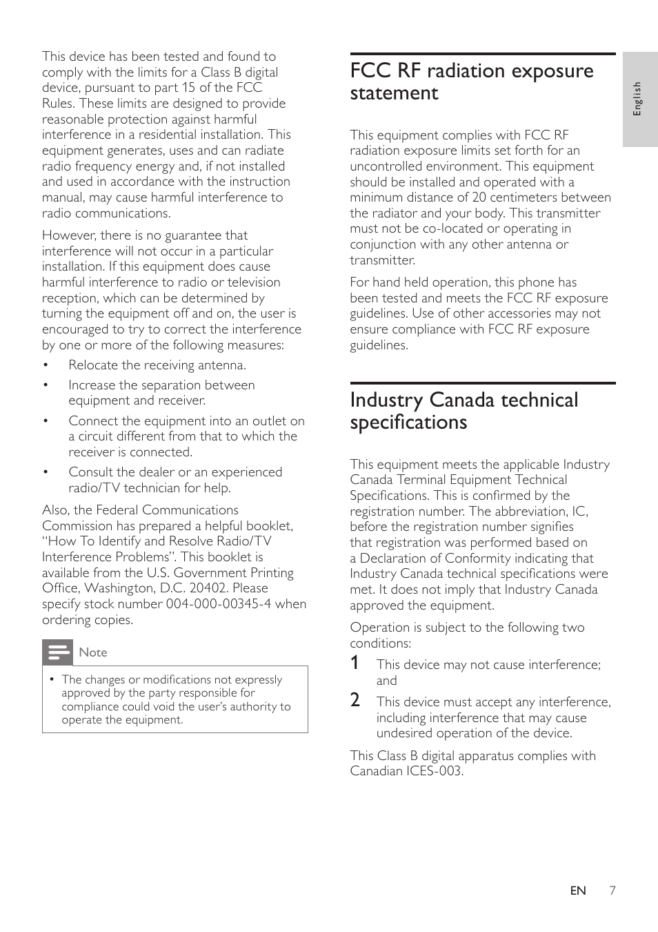 Fcc rf radiation exposure statement, Industry canada technical specifications, Fcc rf radiation exposure statement 7 | Industry canada technical specifications 7 | Philips CD360 User Manual | Page 7 / 44