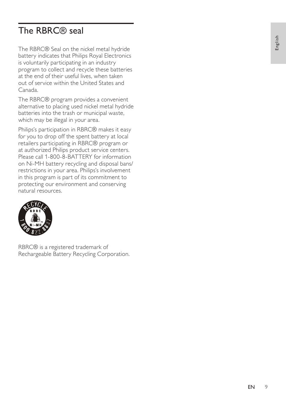 The rbrc® seal | Philips CD360 User Manual | Page 9 / 44