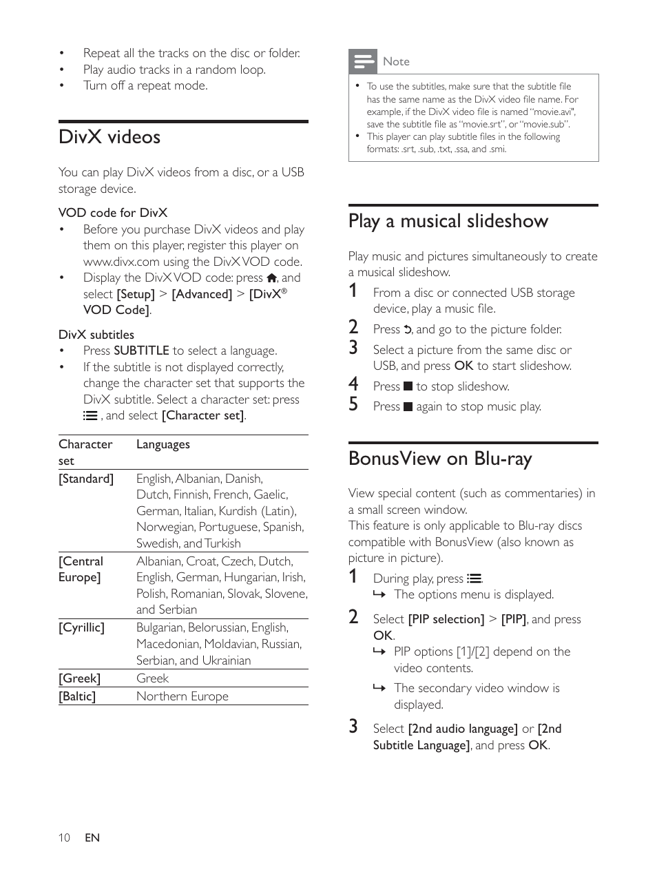 Divx videos, Play a musical slideshow, Bonusview on blu-ray | Philips BDP2930 User Manual | Page 10 / 22