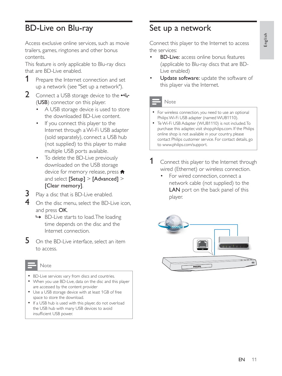 Bd-live on blu-ray, Set up a network | Philips BDP2930 User Manual | Page 11 / 22