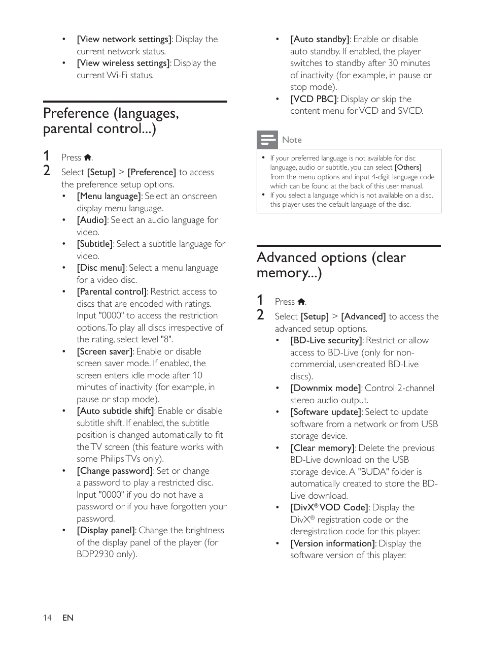 Preference (languages, parental control...) 1 | Philips BDP2930 User Manual | Page 14 / 22