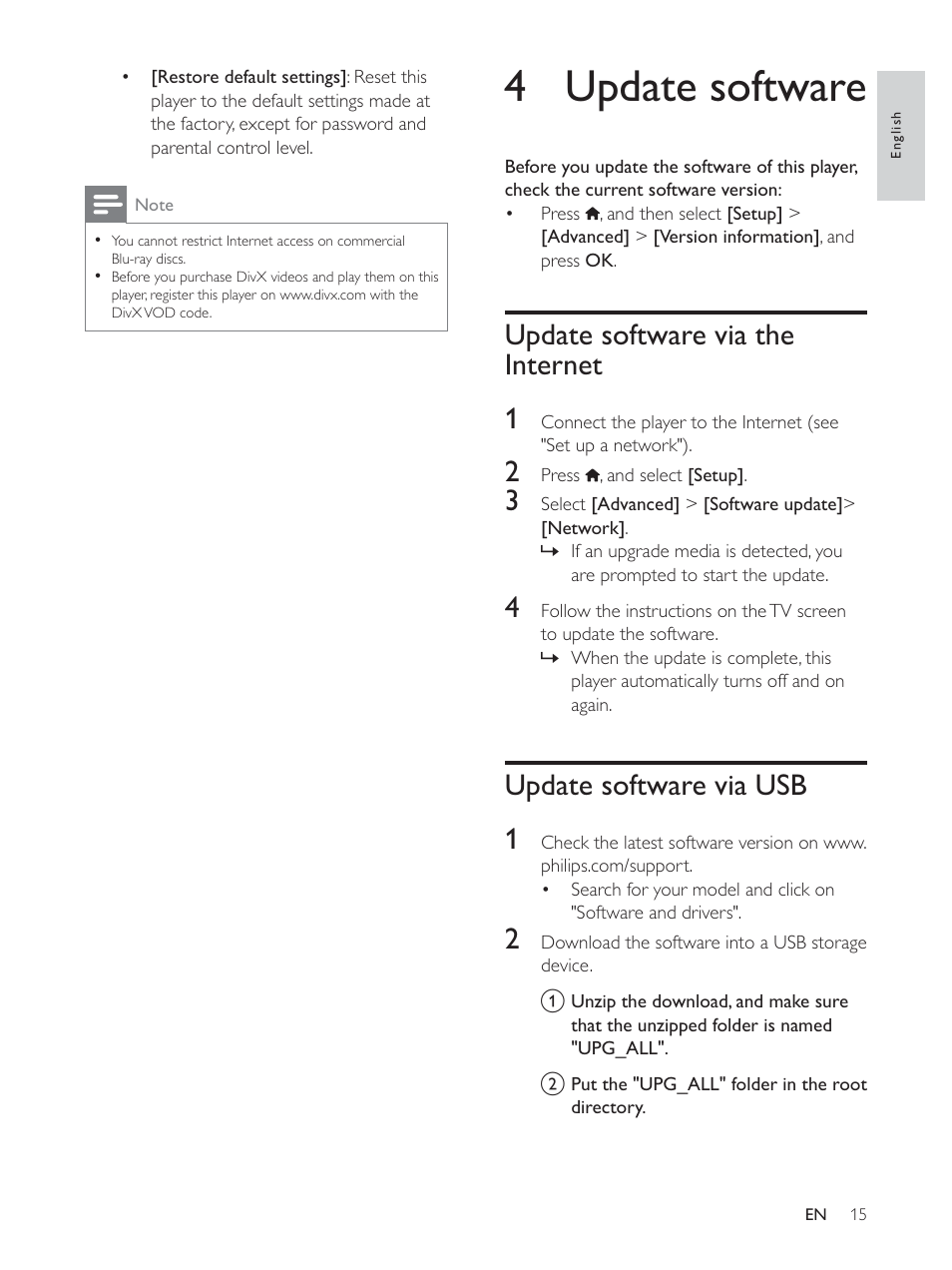 4 update software, Update software via the internet 1, Update software via usb 1 | Philips BDP2930 User Manual | Page 15 / 22