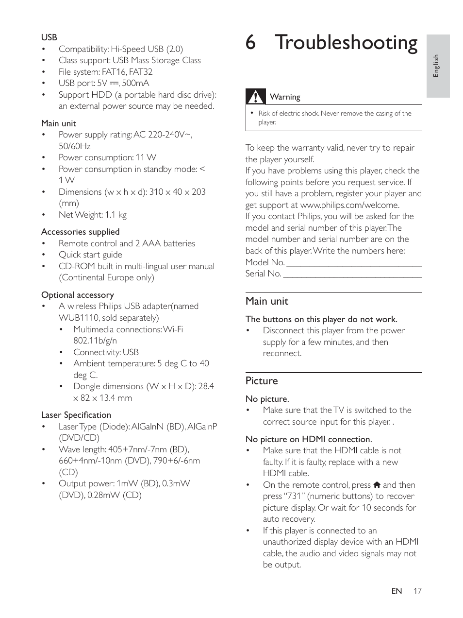 6 troubleshooting, Main unit, Picture | Philips BDP2930 User Manual | Page 17 / 22