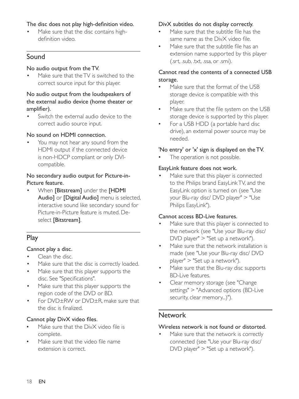 Sound, Play, Network | Philips BDP2930 User Manual | Page 18 / 22