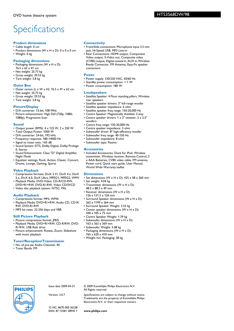 Specifications | Philips HTS3568DW/98 User Manual | Page 3 / 3