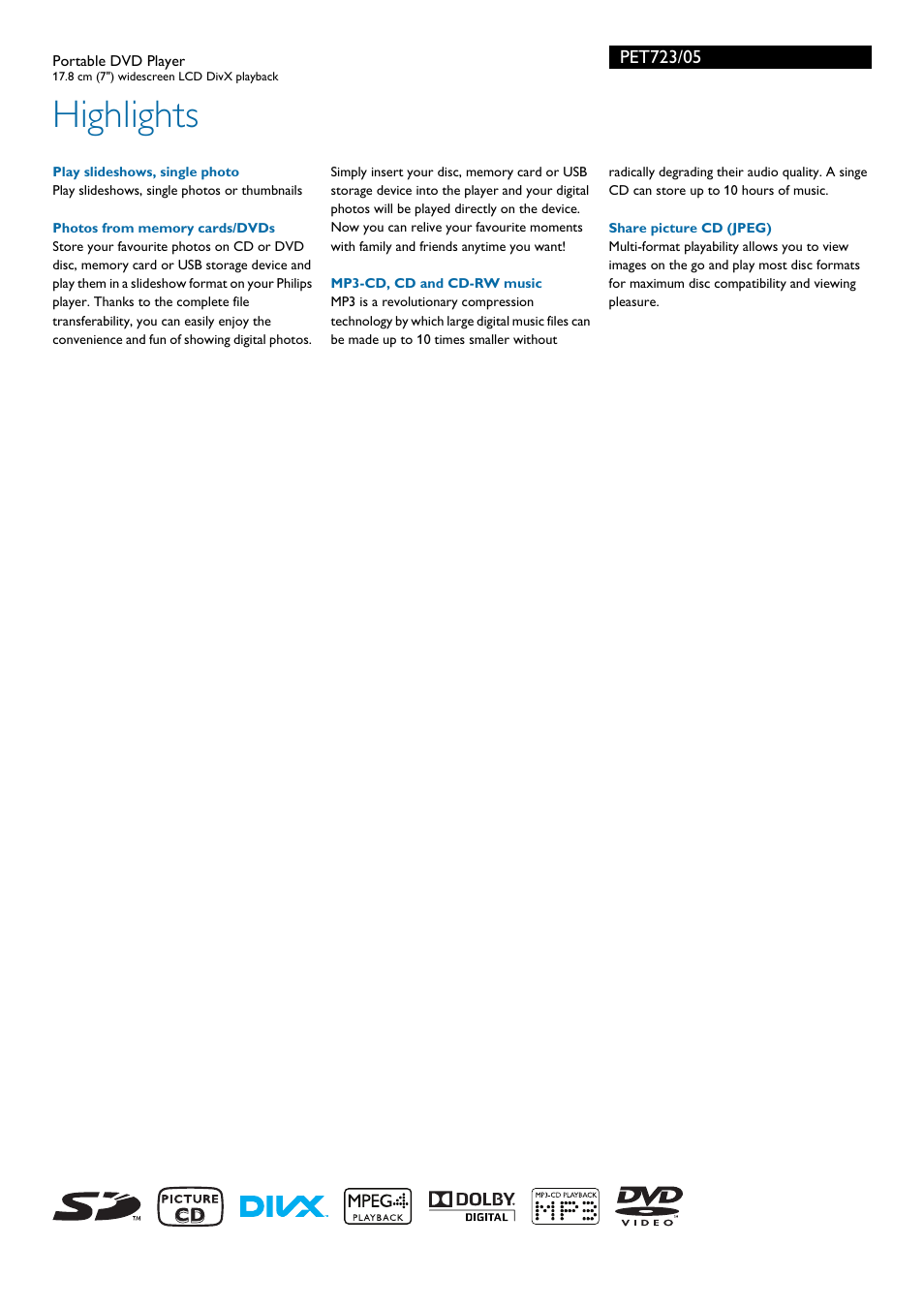 Highlights | Philips PET723 User Manual | Page 2 / 3
