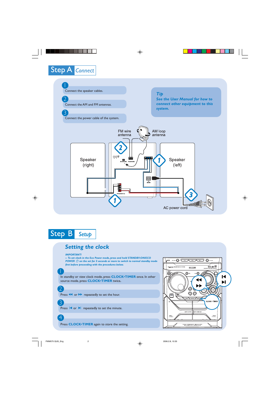 Setup, Setup setting the clock 1 2 3 4 | Philips FW M575 User Manual | Page 2 / 4