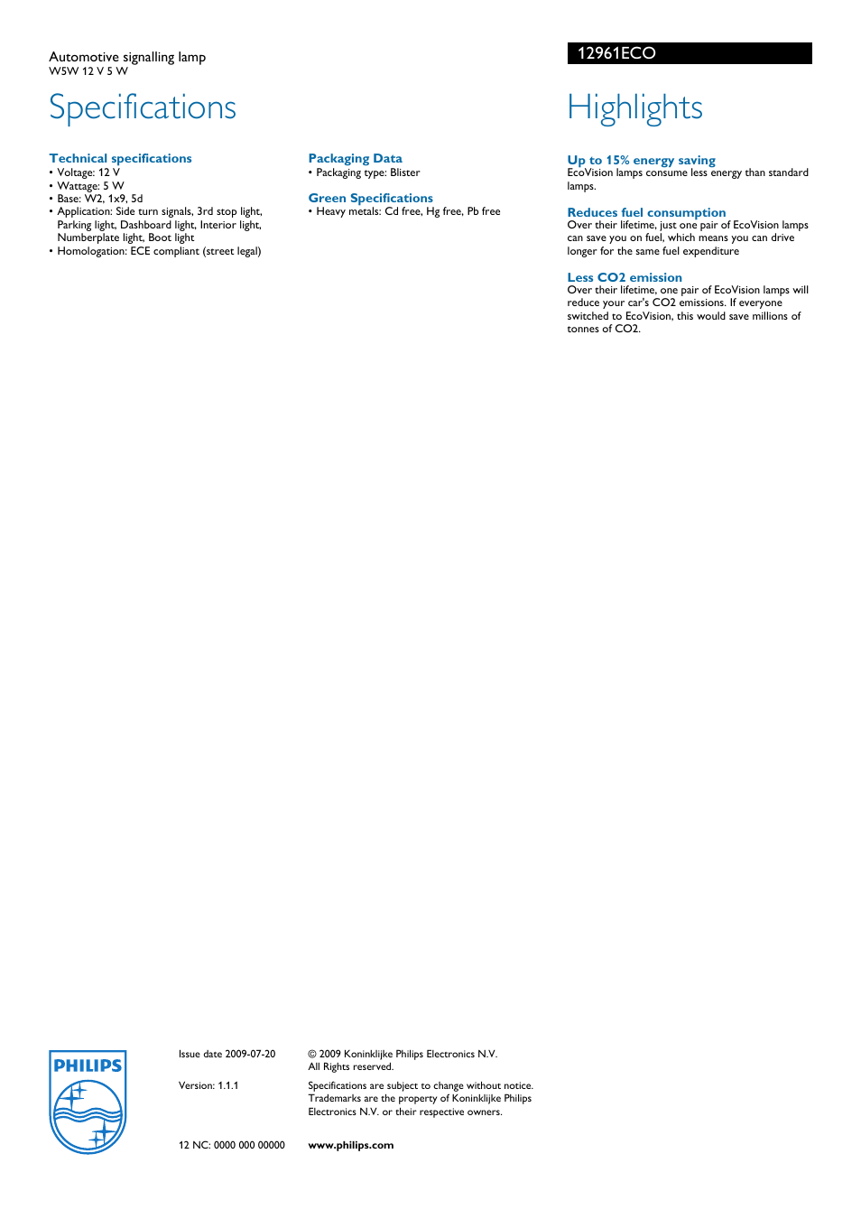 Specifications, Highlights, Philips | Philips 12961ECO User Manual | Page 2 / 2