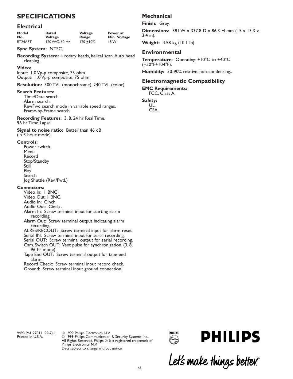 Specifications, Electrical, Mechanical | Environmental, Electromagnetic compatibility | Philips RT24A5T User Manual | Page 2 / 2