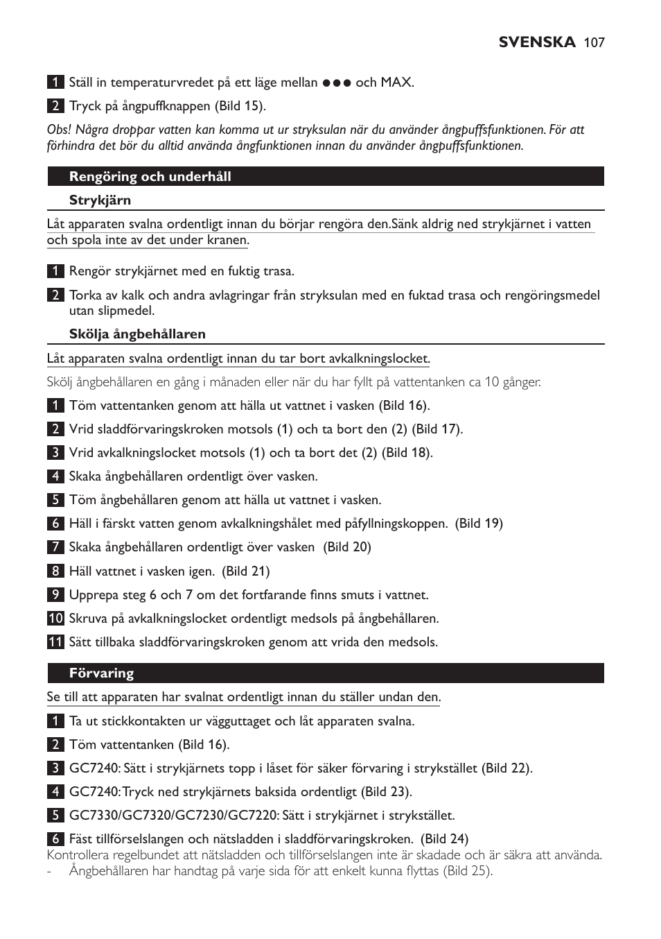 Ångpuff (endast gc7240), Rengöring och underhåll, Strykjärn | Skölja ångbehållaren, Förvaring | Philips GC7220 User Manual | Page 107 / 120