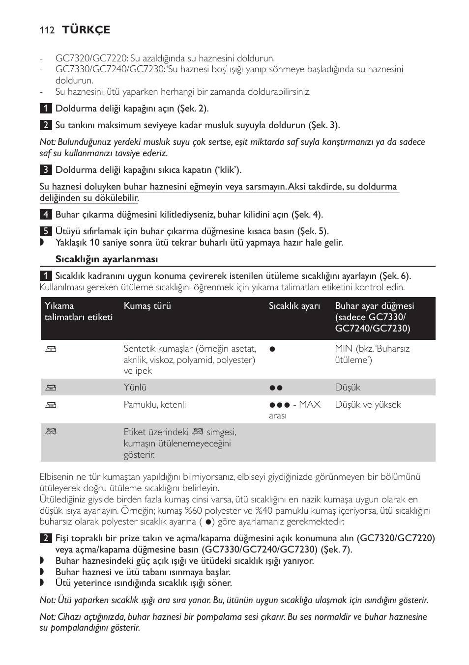 Sıcaklığın ayarlanması | Philips GC7220 User Manual | Page 112 / 120