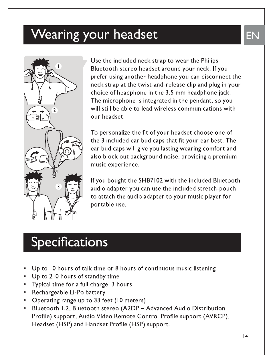 Specifications, Wearing your headset | Philips SHB7100/7102/7103 User Manual | Page 16 / 53