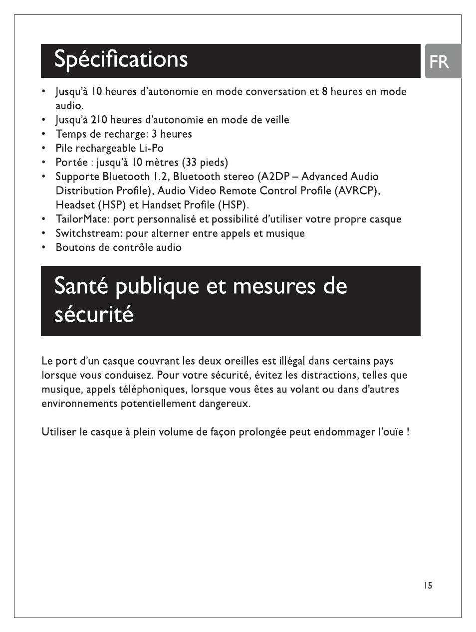 Spécifications, Santé publique et mesures de sécurité | Philips SHB7100/7102/7103 User Manual | Page 34 / 53