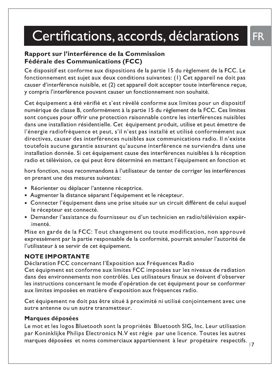 Certifications, accords, déclarations i fr, Certifications, accords, déclarations | Philips SHB7100/7102/7103 User Manual | Page 36 / 53