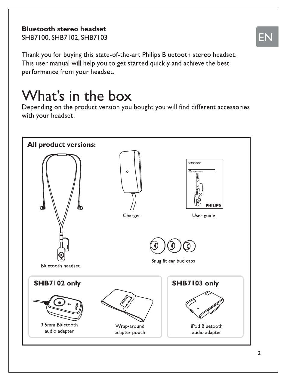 What’s in the box | Philips SHB7100/7102/7103 User Manual | Page 4 / 53