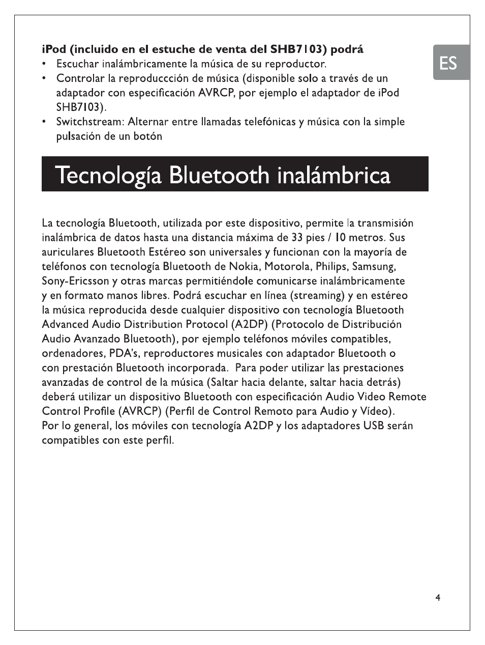 Tecnología bluetooth inalámbrica | Philips SHB7100/7102/7103 User Manual | Page 40 / 53