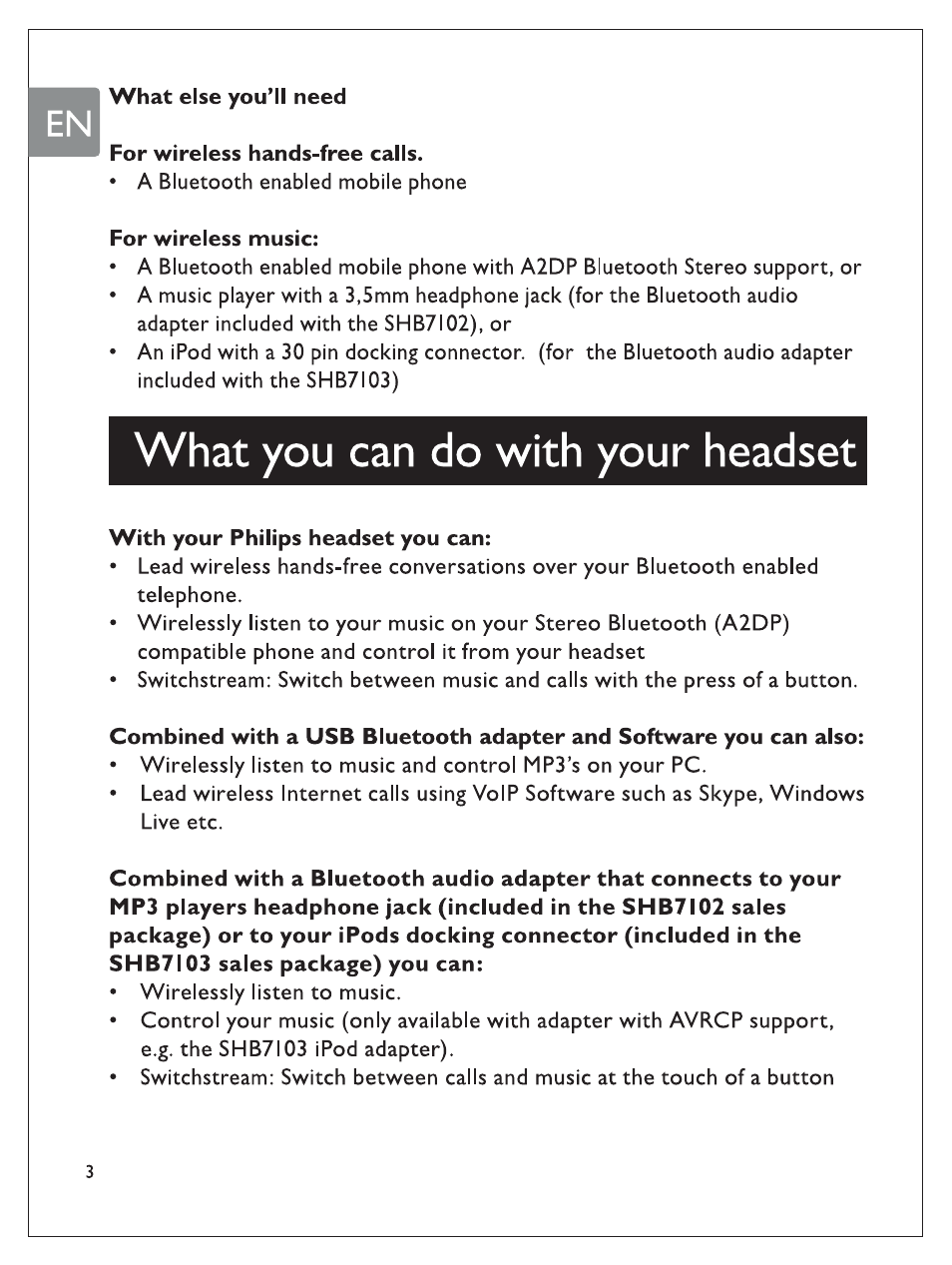 What you can do with your headset, I what else you’ll need | Philips SHB7100/7102/7103 User Manual | Page 5 / 53