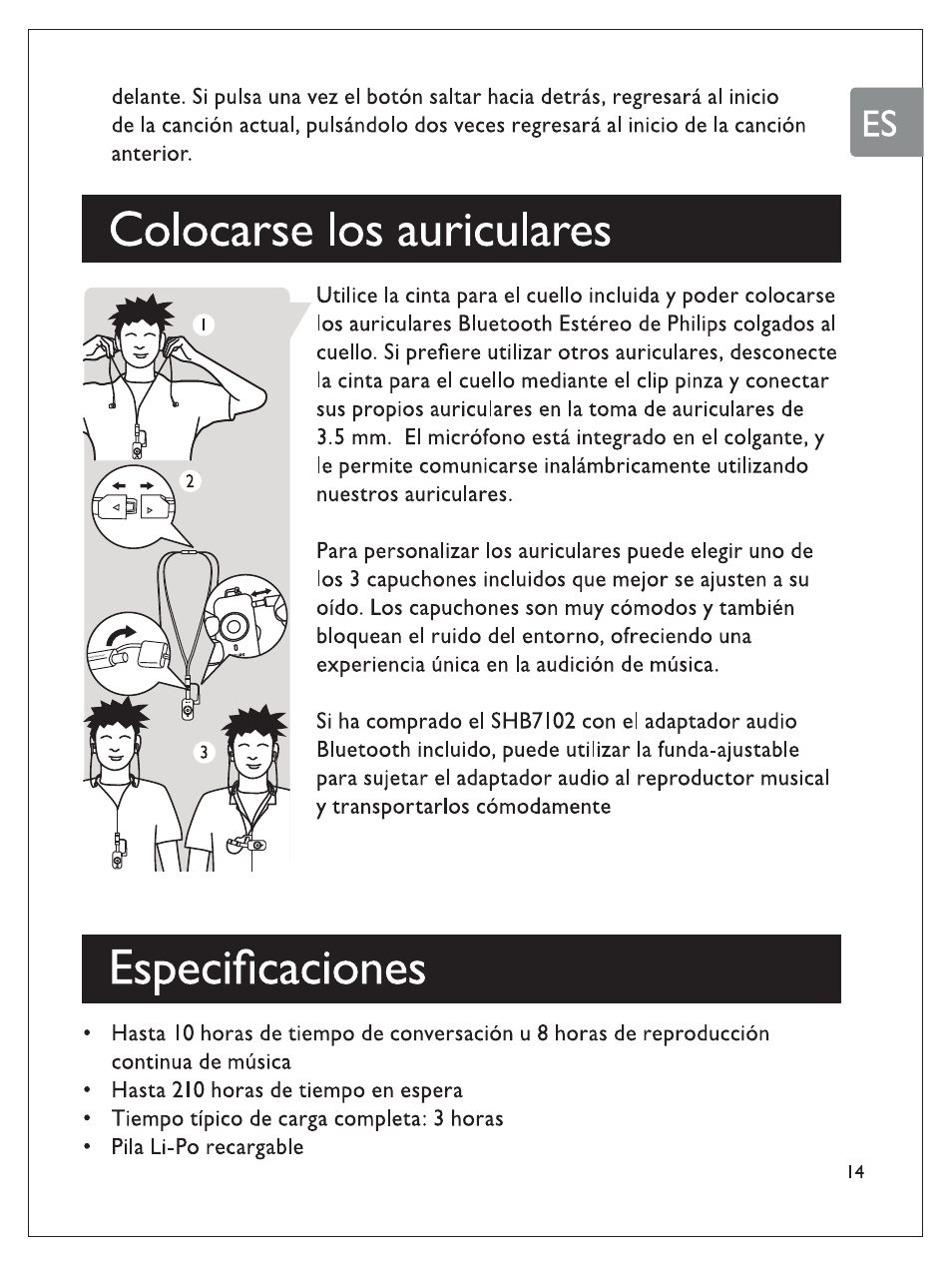 Colocarse los auriculares, Especificaciones | Philips SHB7100/7102/7103 User Manual | Page 50 / 53