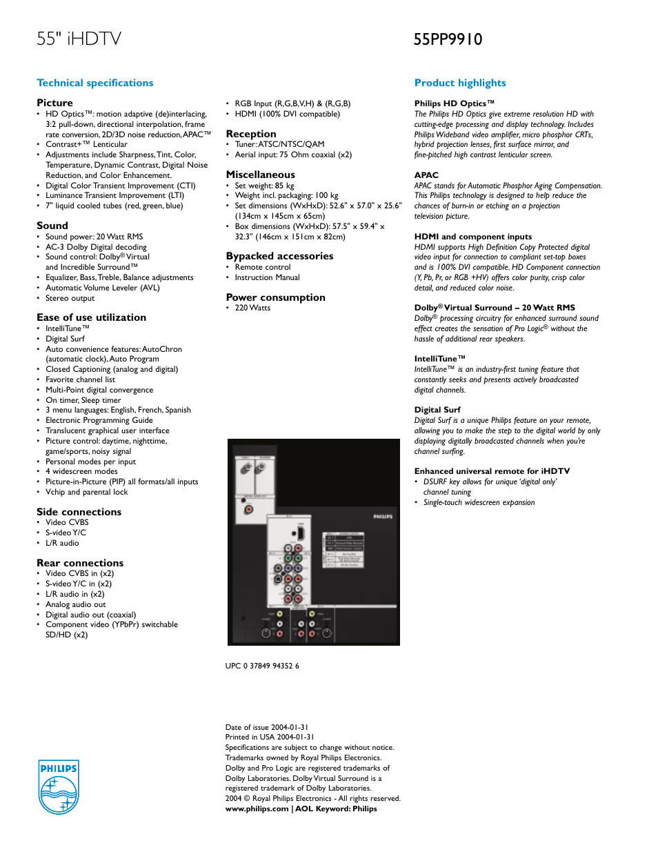 55" ihdtv | Philips 55PP9910 User Manual | Page 2 / 2