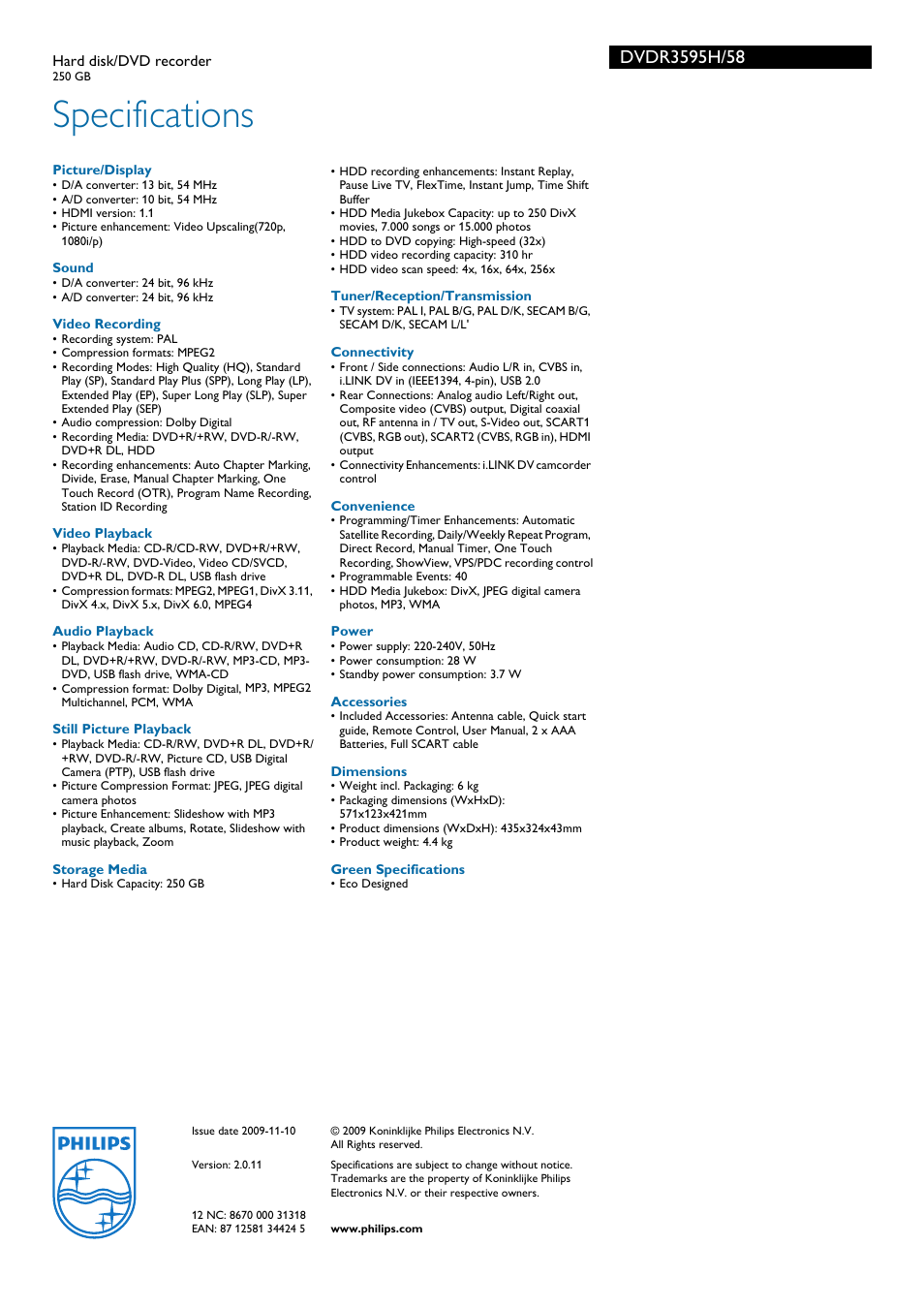 Specifications | Philips DVDR3595H User Manual | Page 3 / 3