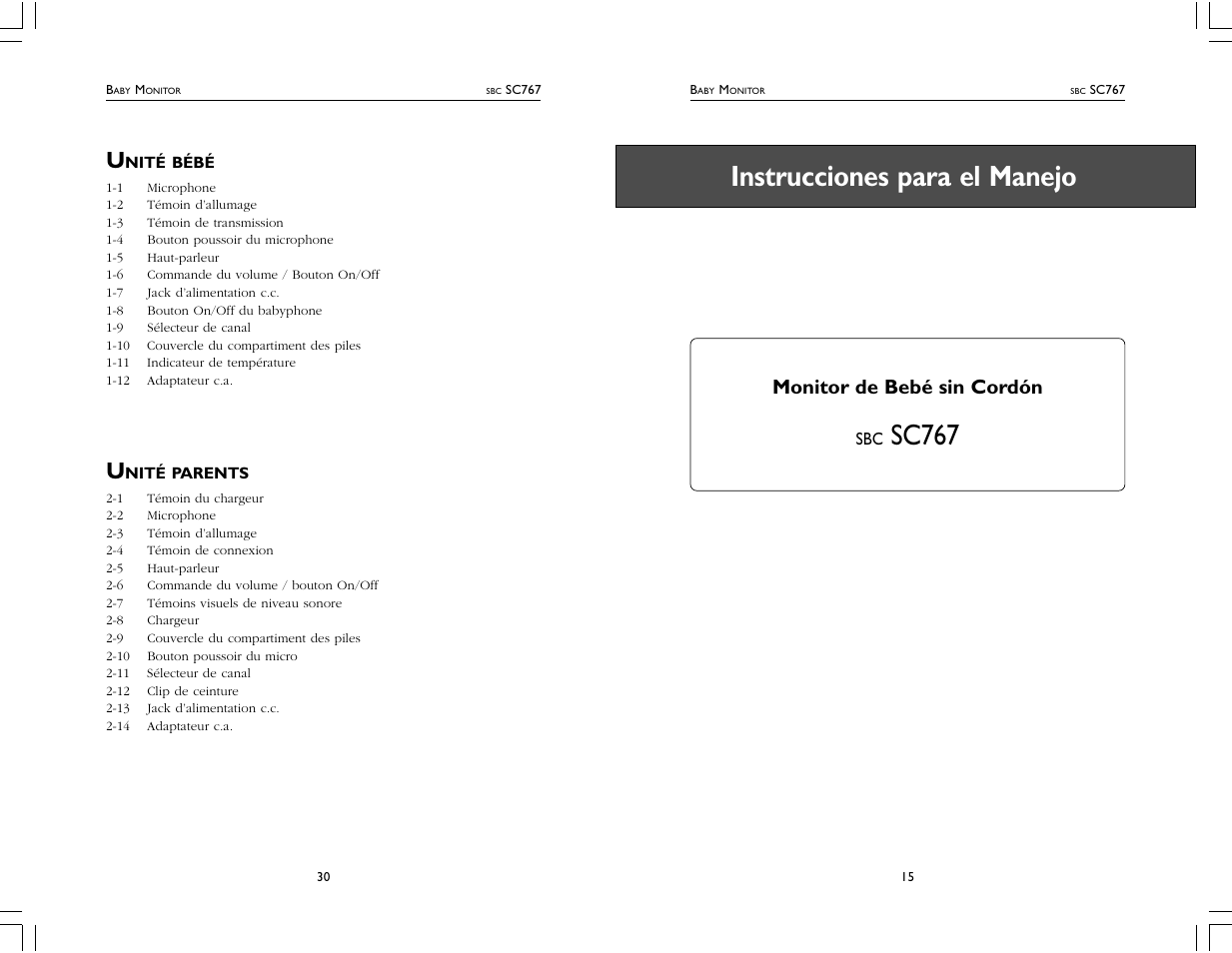Sc767 instrucciones para el manejo, Monitor de bebé sin cordón | Philips SC767 User Manual | Page 15 / 22