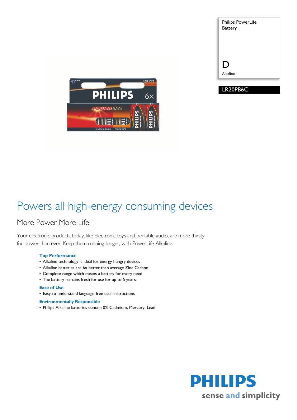 Philips PowerLife LR20PB6C/27 User Manual | 2 pages