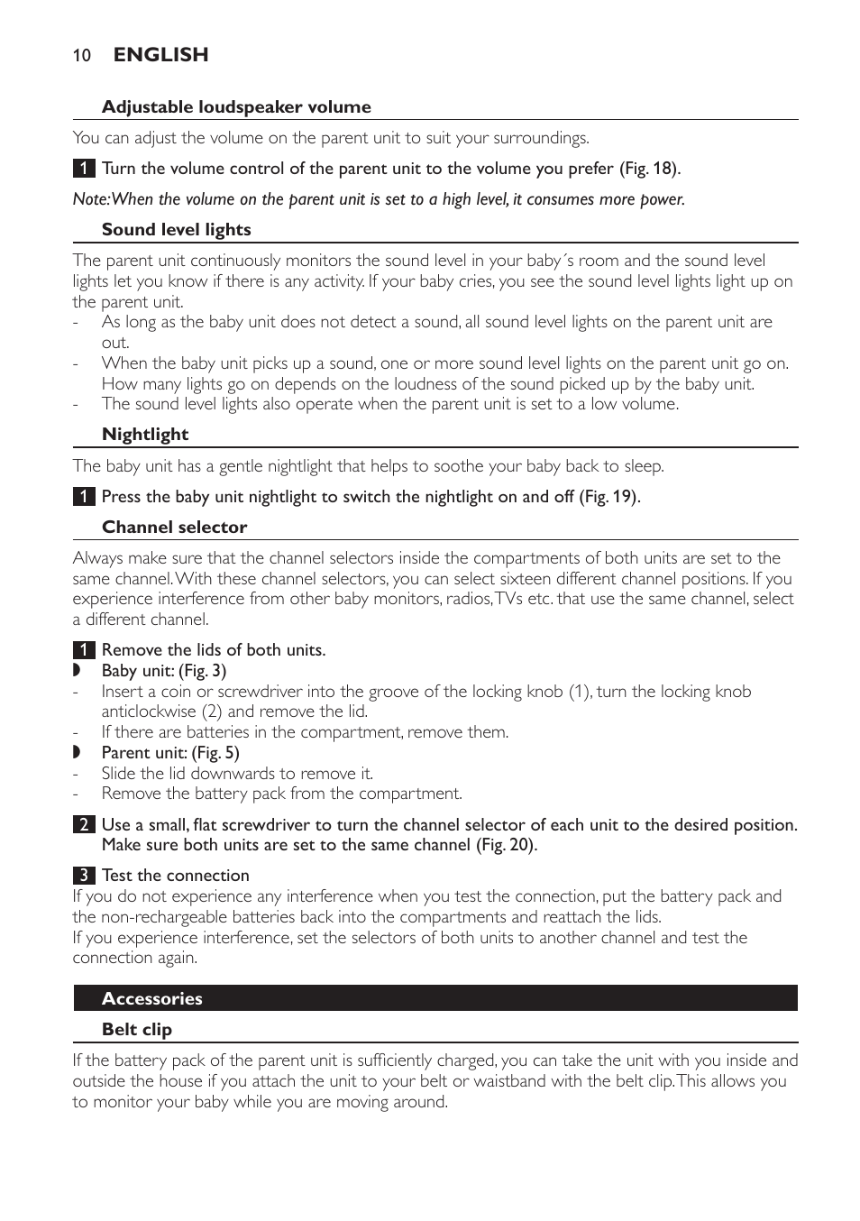 Adjustable loudspeaker volume, Sound level lights, Nightlight | Channel selector, Accessories, Belt clip | Philips SCD481 User Manual | Page 10 / 152