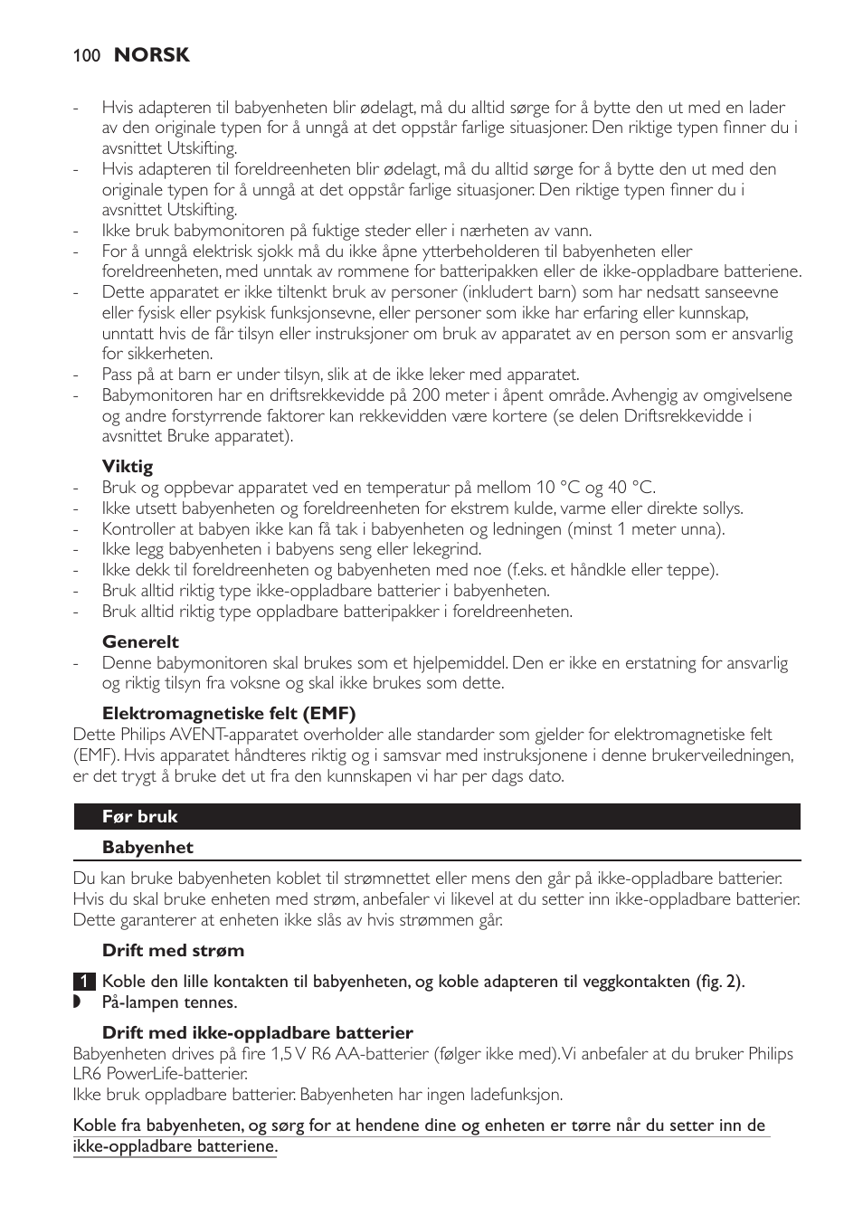 Viktig, Generelt, Elektromagnetiske felt (emf) | Før bruk, Babyenhet, Drift med strøm, Drift med ikke-oppladbare batterier | Philips SCD481 User Manual | Page 100 / 152