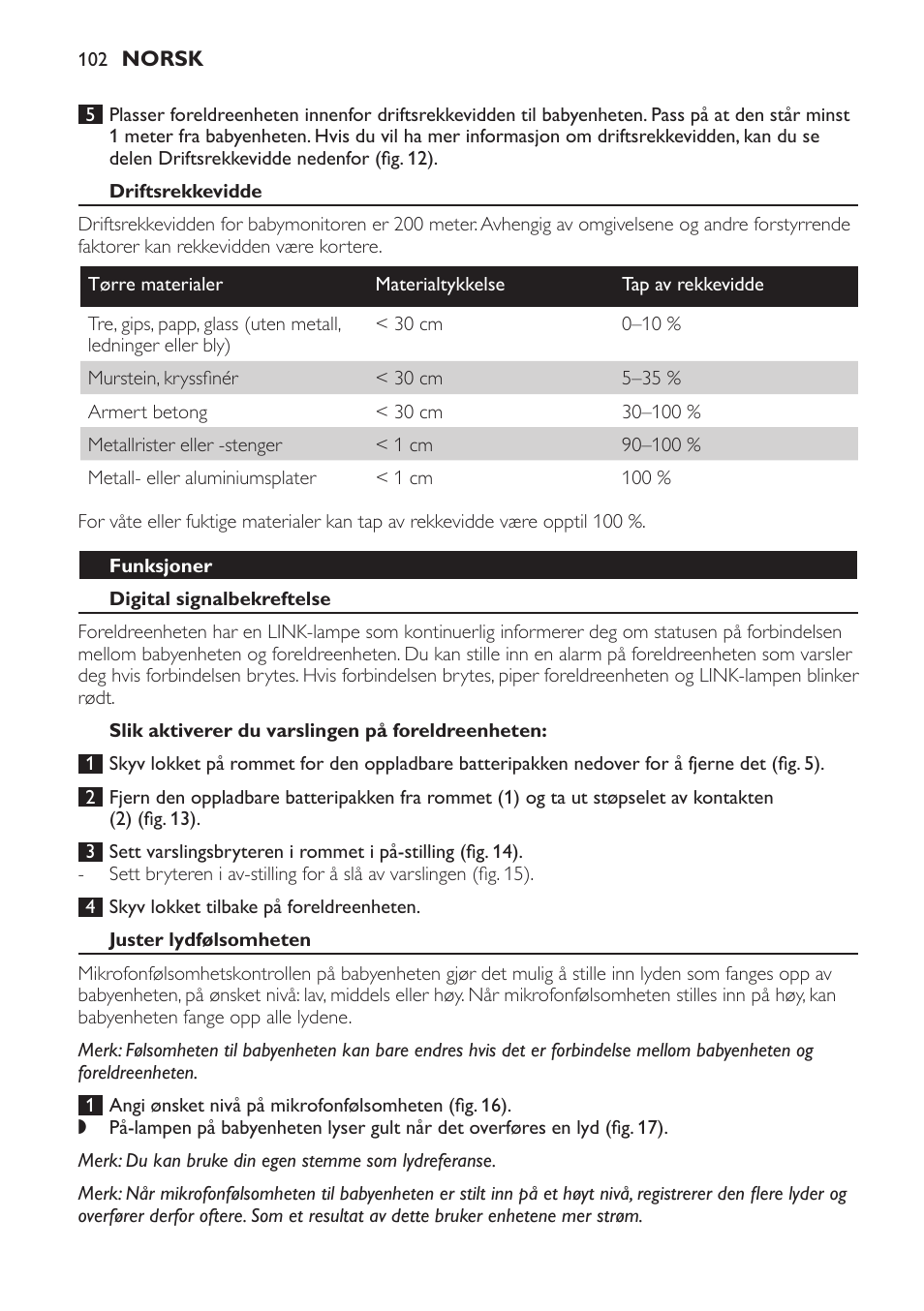 Driftsrekkevidde, Funksjoner, Digital signalbekreftelse | Slik aktiverer du varslingen på foreldreenheten, Juster lydfølsomheten | Philips SCD481 User Manual | Page 102 / 152