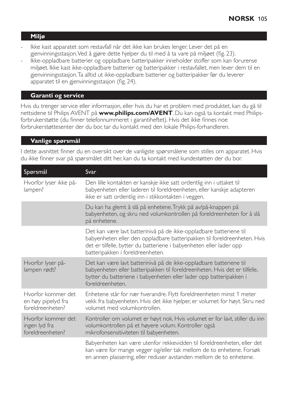 Miljø, Garanti og service, Vanlige spørsmål | Philips SCD481 User Manual | Page 105 / 152