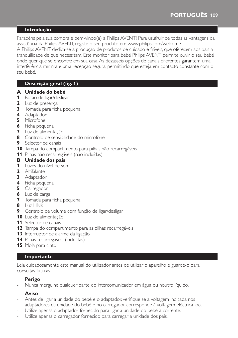 Perigo, Aviso, Português | Introdução, Descrição geral (fig. 1), Importante | Philips SCD481 User Manual | Page 109 / 152