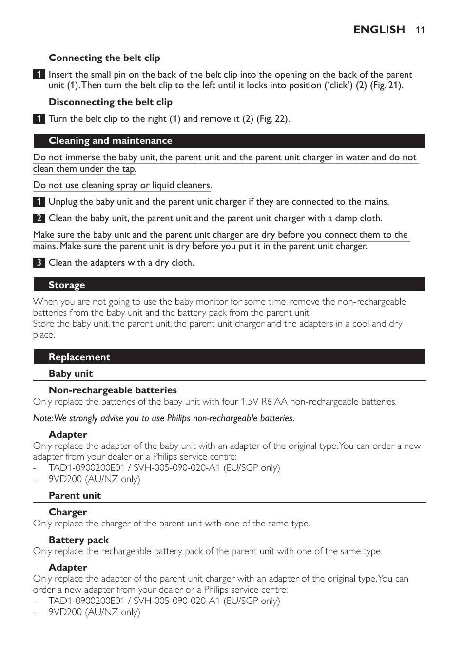 Connecting the belt clip, Disconnecting the belt clip, Cleaning and maintenance | Storage, Replacement, Baby unit, Non-rechargeable batteries, Adapter, Parent unit, Charger | Philips SCD481 User Manual | Page 11 / 152