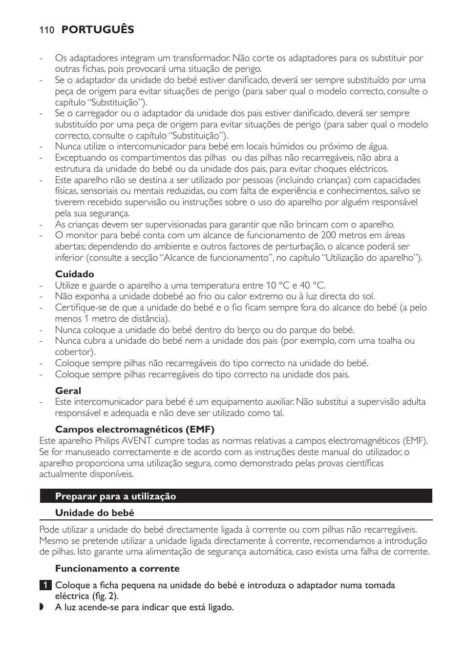 Cuidado, Geral, Campos electromagnéticos (emf) | Preparar para a utilização, Unidade do bebé, Funcionamento a corrente | Philips SCD481 User Manual | Page 110 / 152