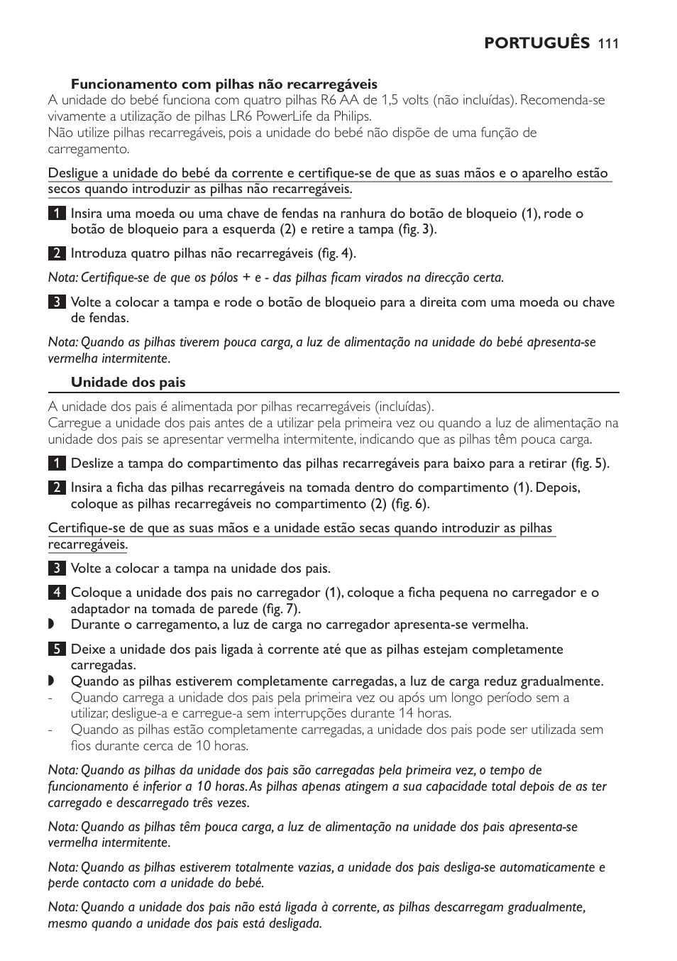 Funcionamento com pilhas não recarregáveis, Unidade dos pais | Philips SCD481 User Manual | Page 111 / 152
