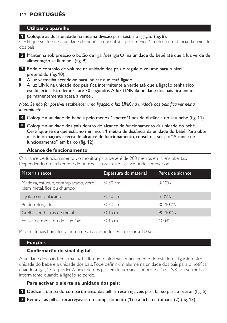 Utilizar o aparelho, Alcance de funcionamento, Funções | Confirmação do sinal digital, Para activar o alerta na unidade dos pais | Philips SCD481 User Manual | Page 112 / 152