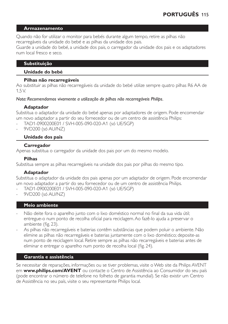 Substituição, Unidade do bebé, Pilhas não recarregáveis | Adaptador, Unidade dos pais, Carregador, Pilhas, Meio ambiente, Garantia e assistência, Perguntas mais frequentes | Philips SCD481 User Manual | Page 115 / 152