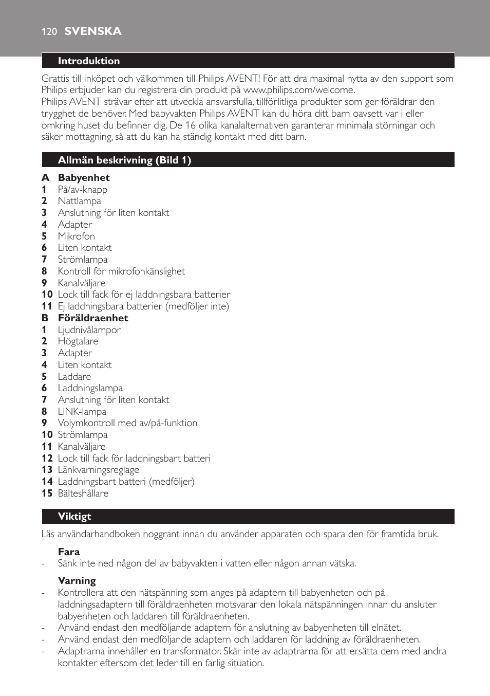 Fara, Varning, Svenska | Introduktion, Allmän beskrivning (bild 1), Viktigt | Philips SCD481 User Manual | Page 120 / 152