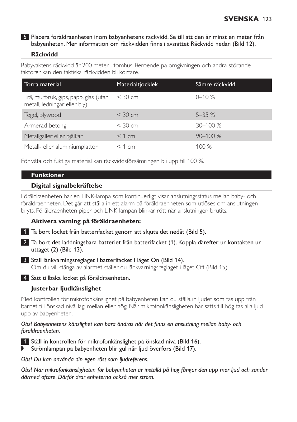 Räckvidd, Funktioner, Digital signalbekräftelse | Aktivera varning på föräldraenheten, Justerbar ljudkänslighet, Justerbar högtalarvolym | Philips SCD481 User Manual | Page 123 / 152