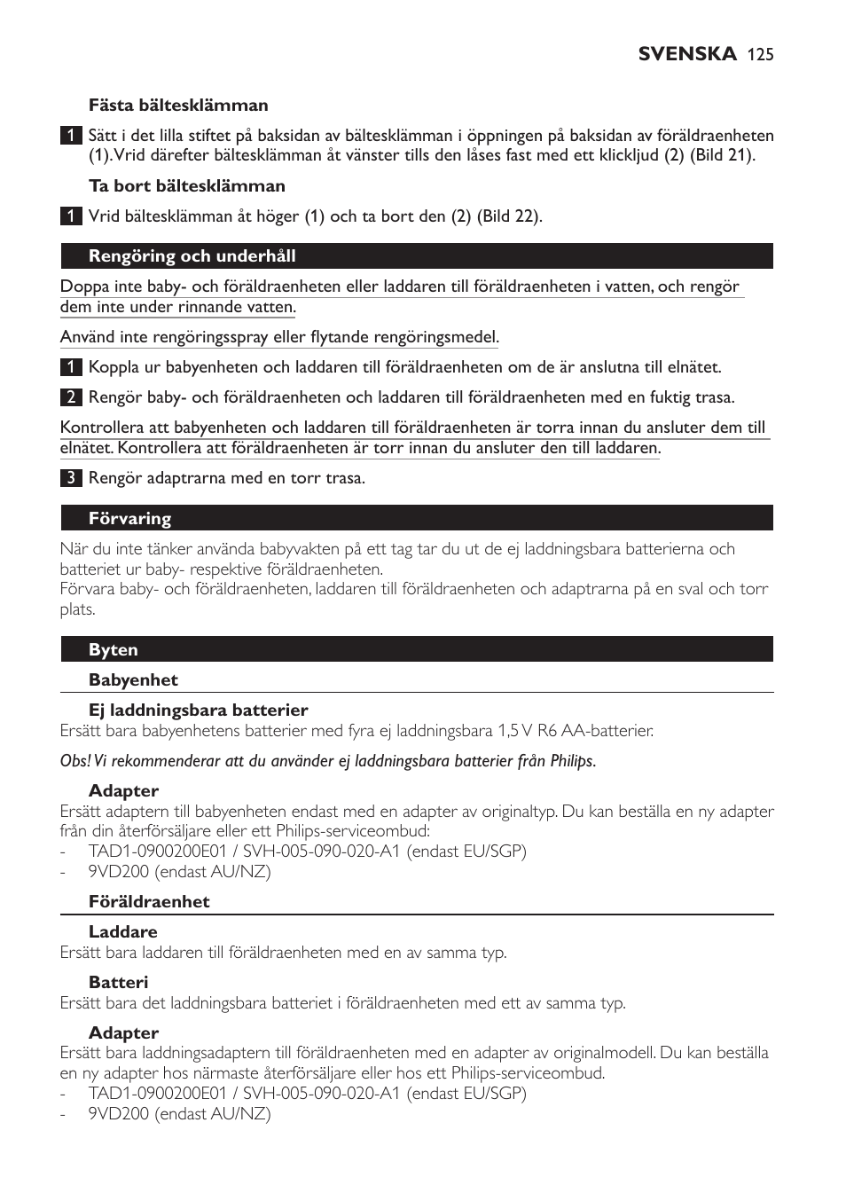 Ta bort bältesklämman, Rengöring och underhåll, Förvaring | Byten, Babyenhet, Ej laddningsbara batterier, Adapter, Föräldraenhet, Laddare, Batteri | Philips SCD481 User Manual | Page 125 / 152