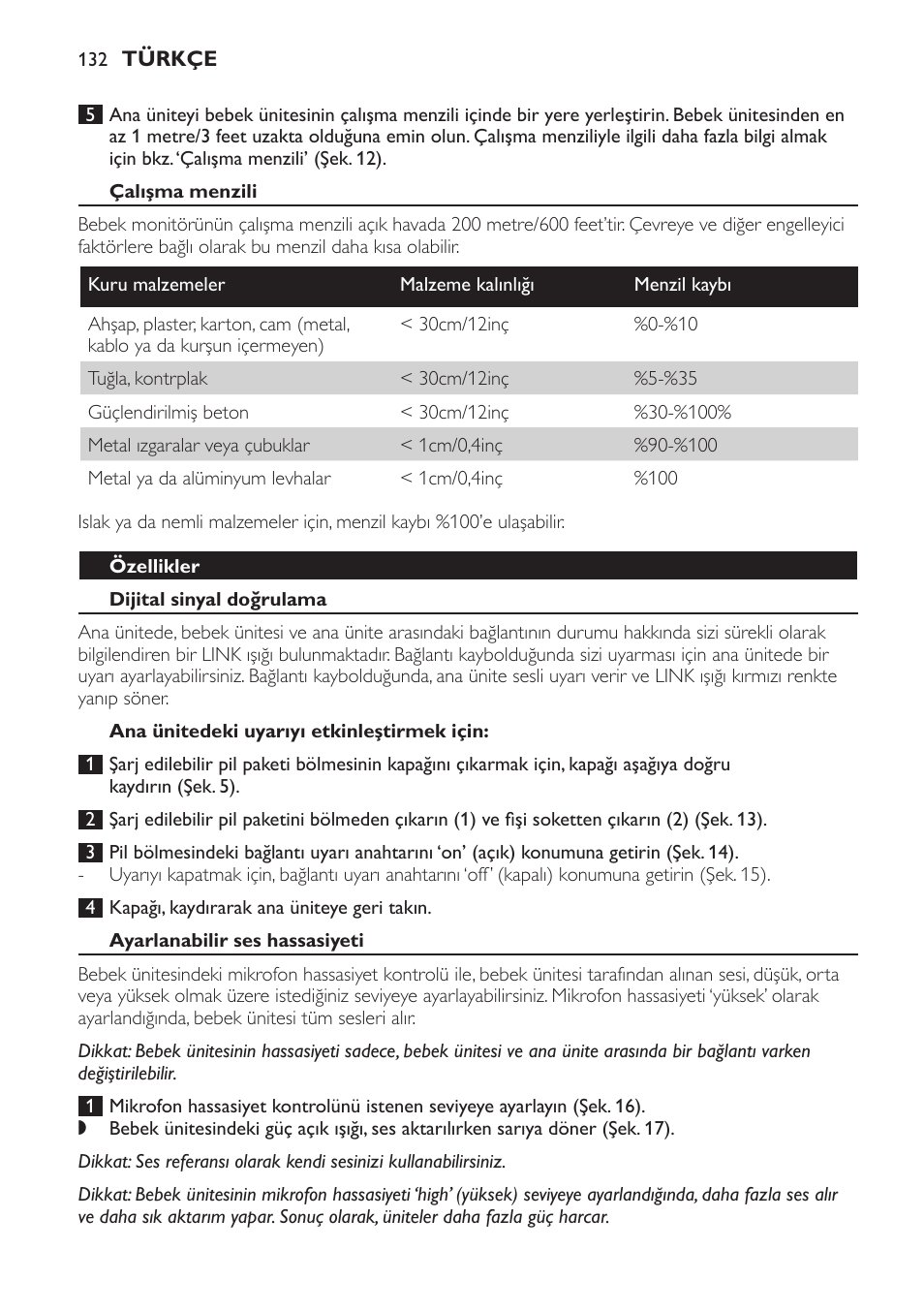 Çalışma menzili, Özellikler, Dijital sinyal doğrulama | Ana ünitedeki uyarıyı etkinleştirmek için, Ayarlanabilir ses hassasiyeti | Philips SCD481 User Manual | Page 132 / 152
