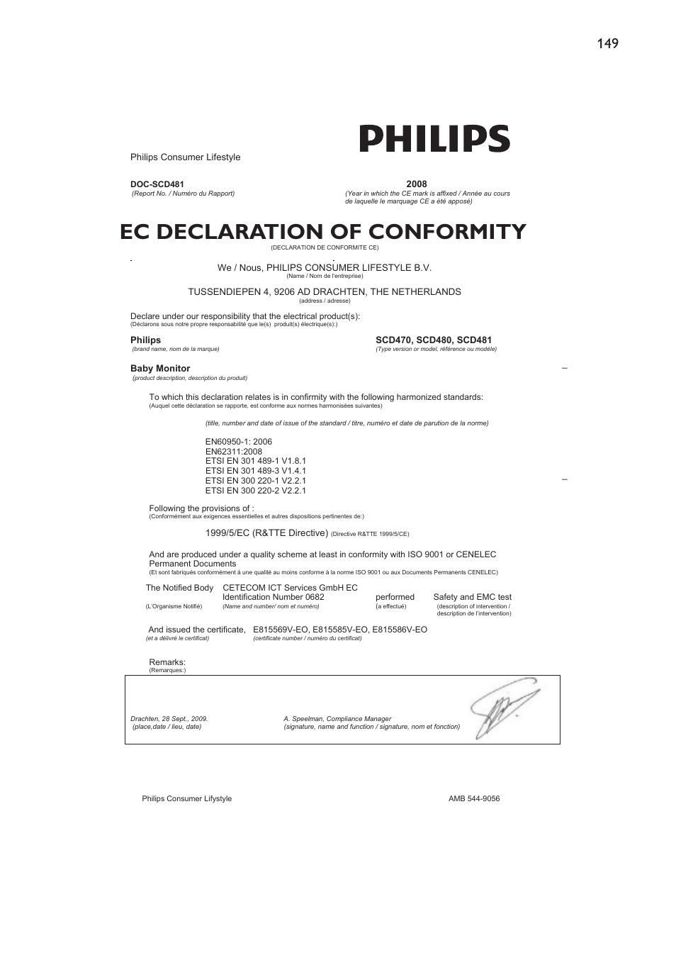 Ec declaration of conformity | Philips SCD481 User Manual | Page 149 / 152