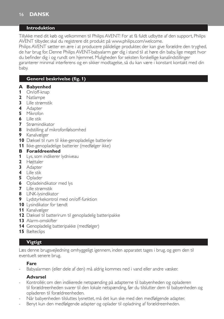 Fare, Advarsel, Dansk | Introduktion, Generel beskrivelse (fig. 1), Vigtigt | Philips SCD481 User Manual | Page 16 / 152