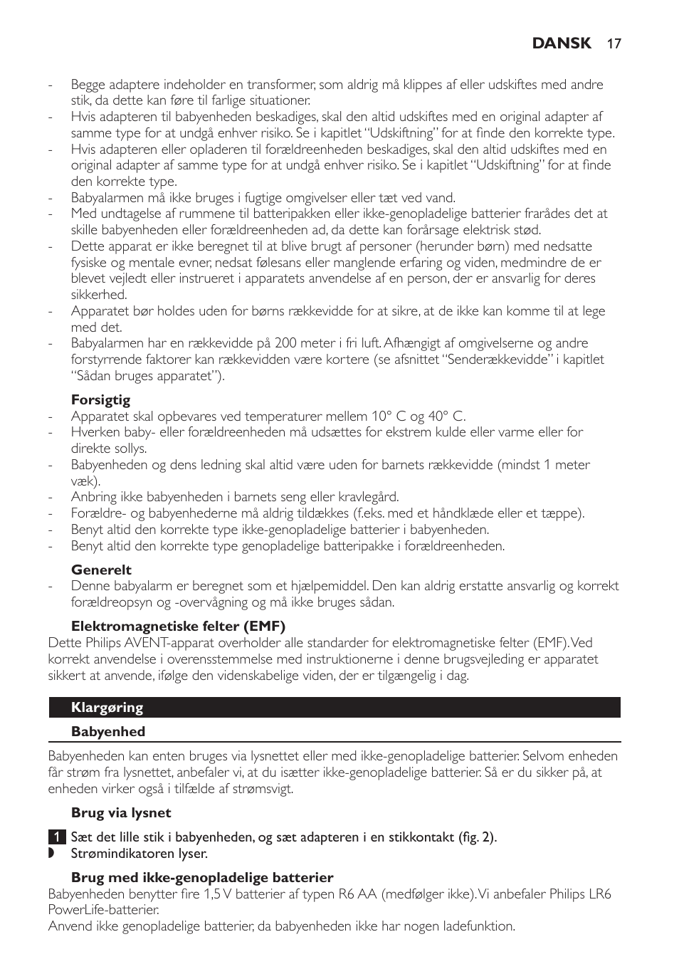 Forsigtig, Generelt, Elektromagnetiske felter (emf) | Klargøring, Babyenhed, Brug via lysnet, Brug med ikke-genopladelige batterier | Philips SCD481 User Manual | Page 17 / 152